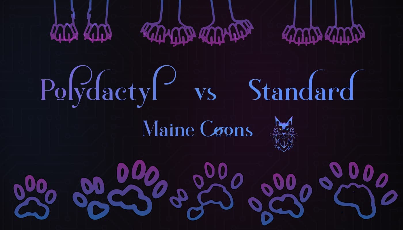 Polydactyl vs Standard Paws on Maine Coons; Images of Standard and Polydactyl Paws from the Top and Side above and below the text.