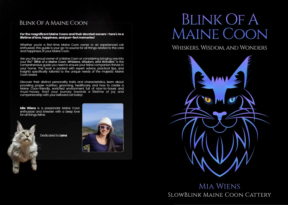 Digital photo of the book and back of the SlowBlink Maine Coons book on Maine Coons: 'Blink of a Maine Coon'.