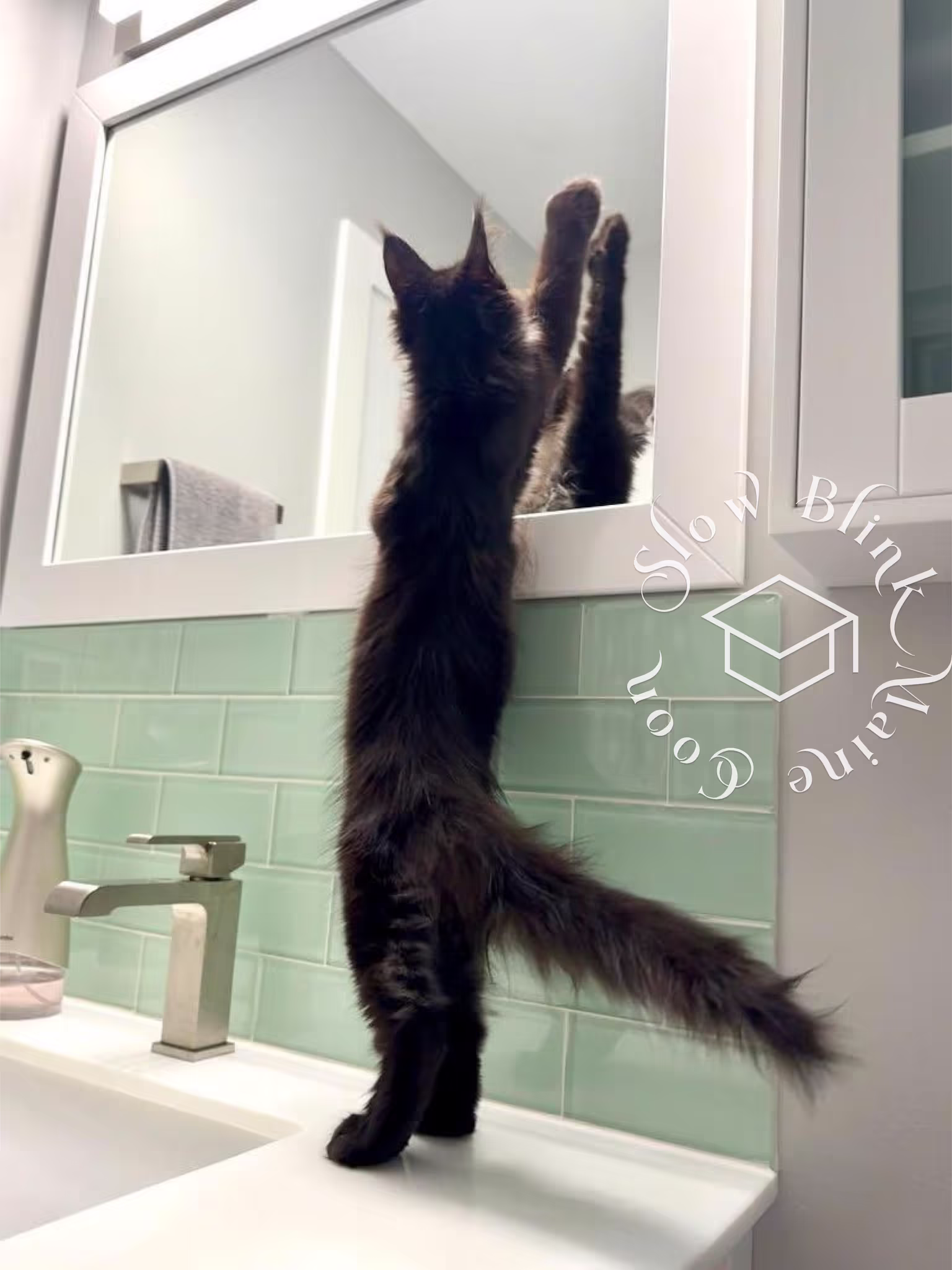 Customer Pictures of their Maine Coon Cats and Kittens who "Graduated" from SlowBlink MaineCoons > black solid | ems code mcp n | poly | female | dec 2024 | looking at mirror | idx 8