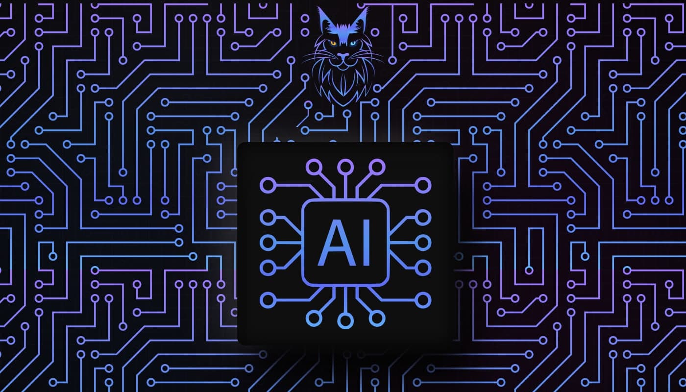 SlowBlinkMaineCoons AI (Artificial Intelligence) Policy Page with our Logo, an icon for AI (a silicone chip brain with transistors shaped as graph vector nodes), and the Text "AI" inside the chip.