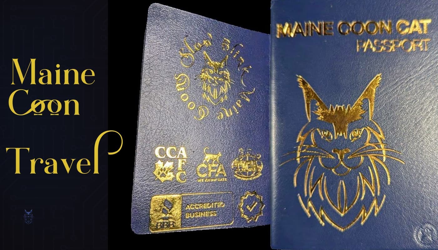 Images of Maine Coons during travel; showcasing their passports and travel preparations.