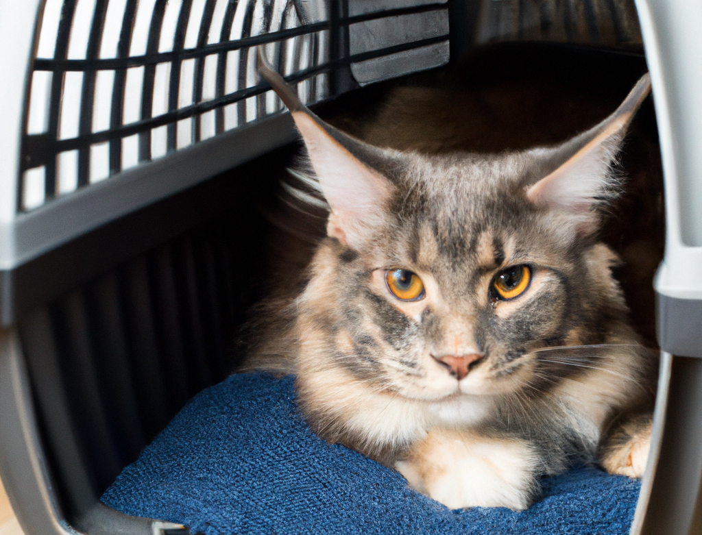 Maine Coon cat in a cat carrier