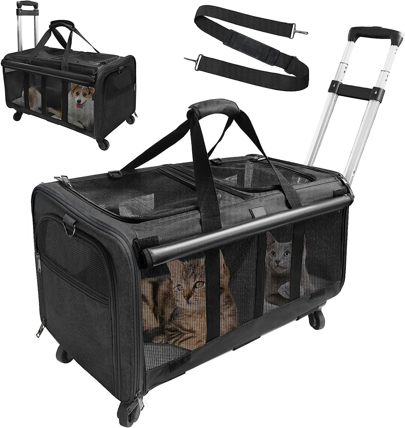 Double-Compartment Pet Rolling Carrier with Wheels