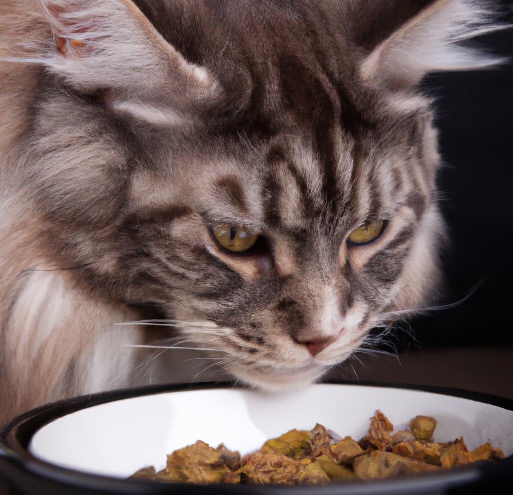A Maine Coon eating cat food