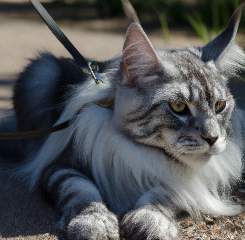 Silver Maine Coon on a Leash
